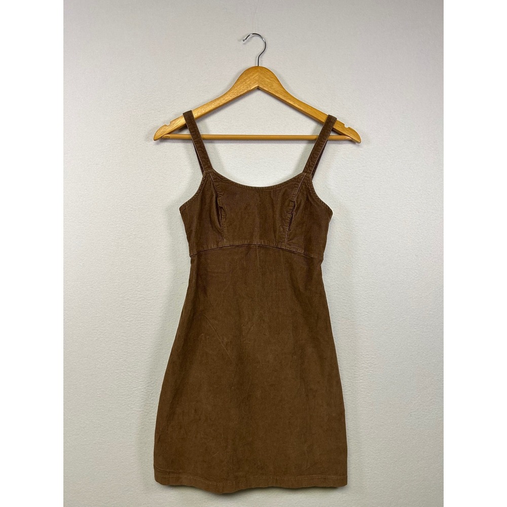 90s Retro Hollister XS Brown Corduroy Mini Dress Pinafore Scoop Neck Zipper